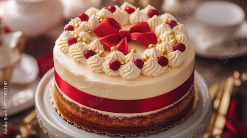 Wallpaper Mural Birthday cake with red ribbon vanilla frosting and edible gold accents beautifully arranged in a luxury party setting Torontodigital.ca