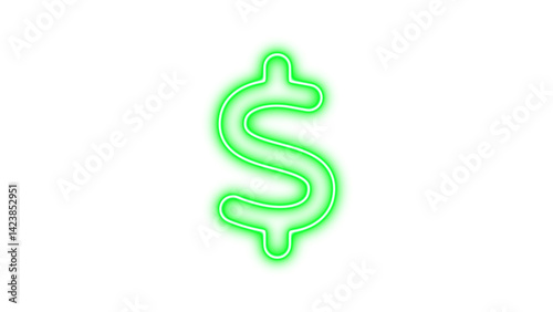 Neon dollar sign icon green color glow with transparent background
