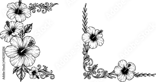 A vintage-style design element featuring a floral pattern corner border frame with a filigree heraldic crest motif
