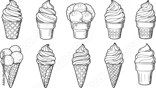Vector hand-drawn ice cream cones with soft serve swirls in various orientations for design and illustration projects
