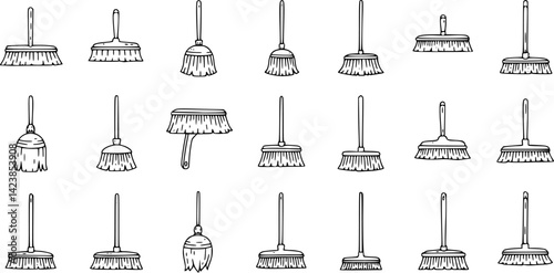 Collection of minimalist line icons representing various broom designs for cleaning tasks and household activities

