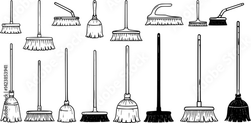 Collection of minimalist line icons representing various broom designs for cleaning tasks and household activities
