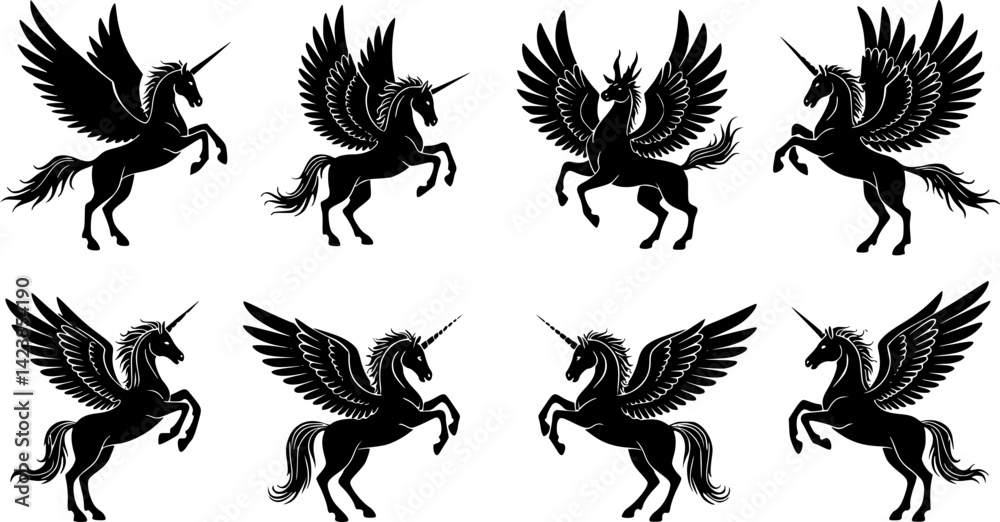 Fototapeta premium The mythological animal Pegasus, a winged flying horse from Greek myth, is commonly used as a heraldic design element in a coat of arms, typically illustrated in a vintage style and posed rampant as