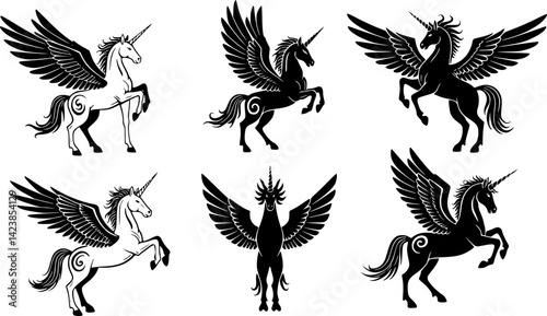 The mythological animal Pegasus, a winged flying horse from Greek myth, is commonly used as a heraldic design element in a coat of arms, typically illustrated in a vintage style and posed rampant as