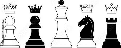 Collection of minimalist line icons featuring different styles of chess king pieces
