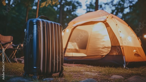 Rolling suitcase beside a tent in outdoor campsite setting at dusk