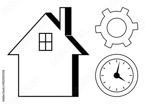 House outline with window, gear for settings, clock for time. Ideal for home automation, efficiency, smart systems, real estate, time management, construction simple landing page