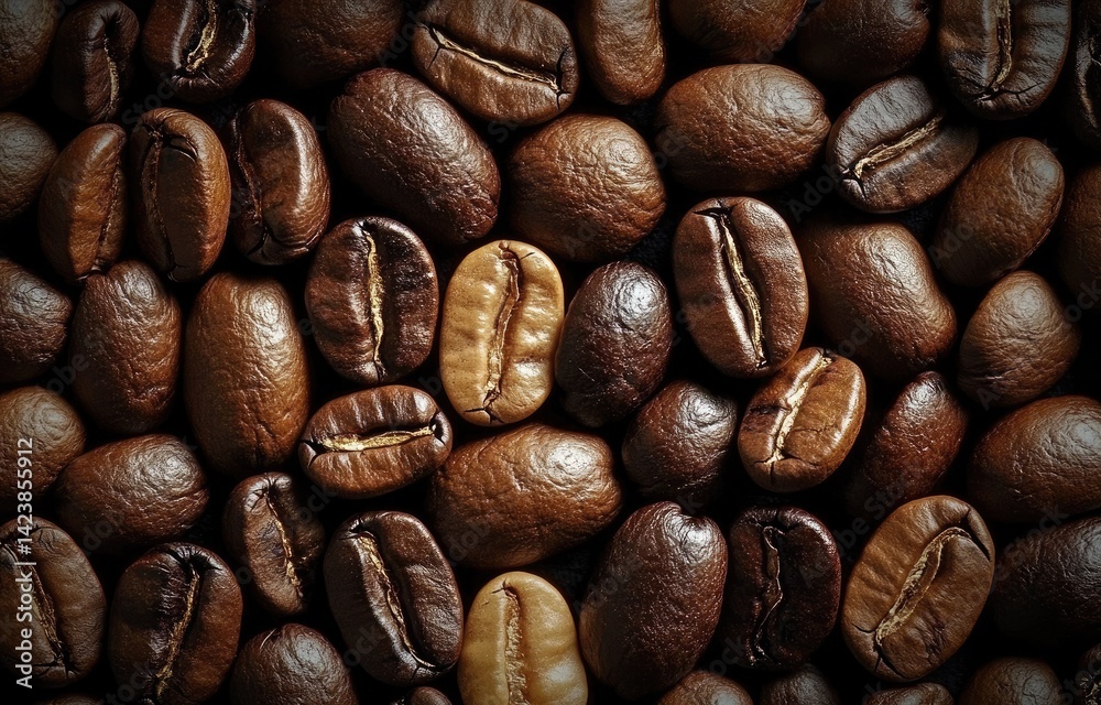 Obraz premium Close-up of premium coffee beans with rich brown hues and detailed textures, showcasing unique shapes and sizes against a dark background. This high-quality composition highlights the variety and natu