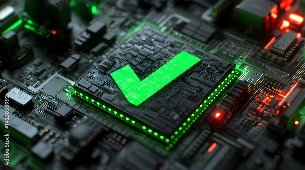 Fototapeta premium Luminous Green Checkmark Icon On Circuit Board