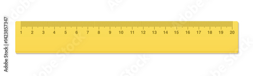 Vector mockup plastic yellow measuring ruler. Measuring tool with ruler scale. School measuring equipment