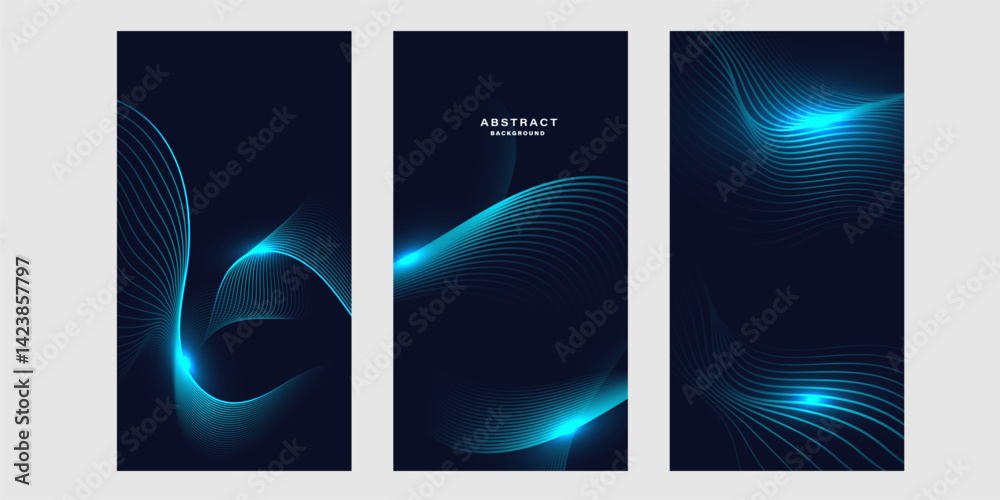 Set of futuristic abstract backgrounds with glowing wave lines.