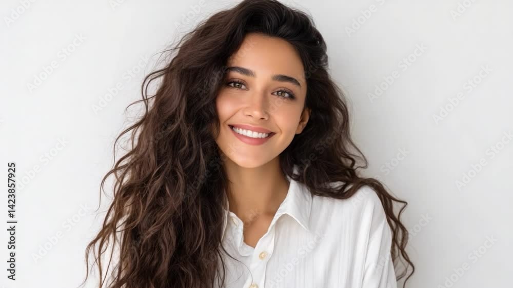 Smiling brunette with flowing, wavy hair poses in white collared shirt