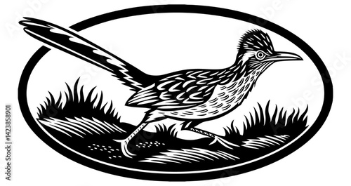 roadrunner, bird illustration, vintage bird art, black and white bird, wildlife design, woodcut bird, retro animal, oval frame bird, bird with grass, southwestern bird, desert bird, vintage roadrunner