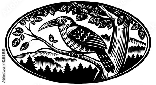 Vintage Cuckoo Bird Illustration in Black and White – Detailed Songbird Artwork in Retro Woodcut or Engraved Style for Nature, Wildlife, and Ornithology Themes