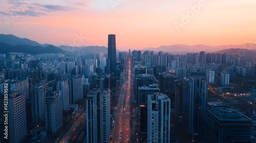 Aerial View of Futuristic Smart City with Integrated 5G and IoT Networks