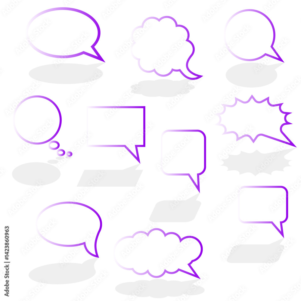 Different speech bubbles in gradient. Comic book bubbles. Set of speech bubbles with shadow. Different speech bubbles in gradient. Comic book bubbles. Set of speech bubbles with shadow.