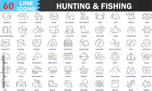 Hunting and fishing line icons collection. Camping, animal, fish, nature, landscape icons. UI icon set. Thin outline icons set. Editable Vector, illustration EPS10