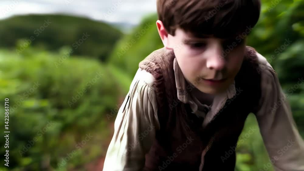 Young boy pushing an empty wheelbarrow along a muddy path surrounded by lush green foliage

