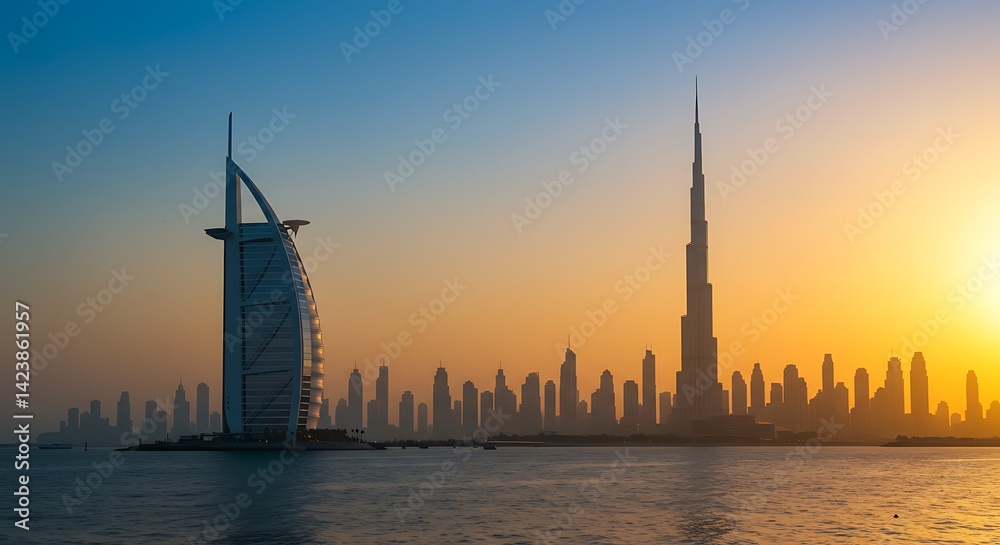 Naklejka premium Burj al arab and dubai skyline at sunset with vibrant orange and blue sky over the water front