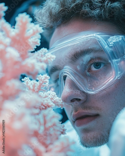 Close-up of a young scientist studying coral