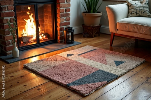 Cozy living room with geometric rug by fireplace on wooden floor
