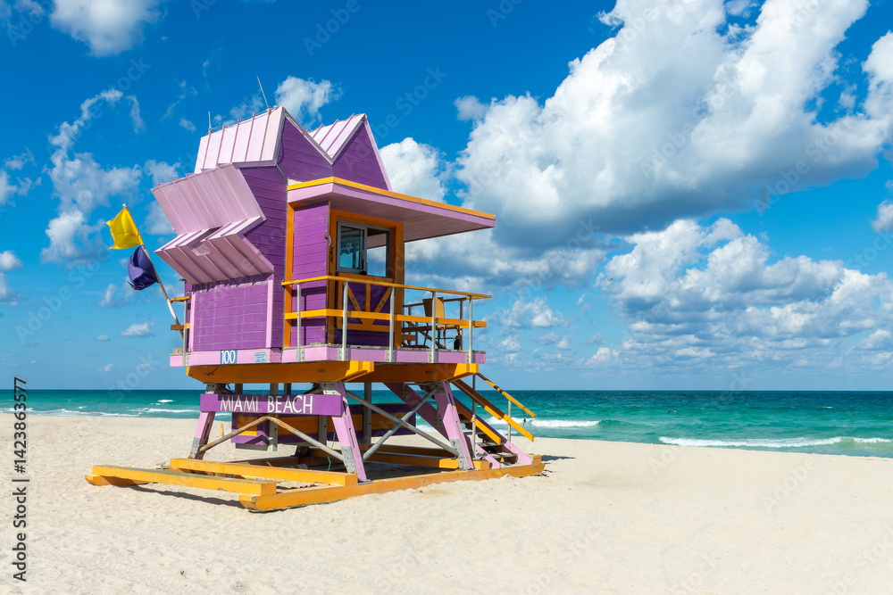 Colorful lifeguard hut and the ocean in South Beach, Miami Beach, Florida