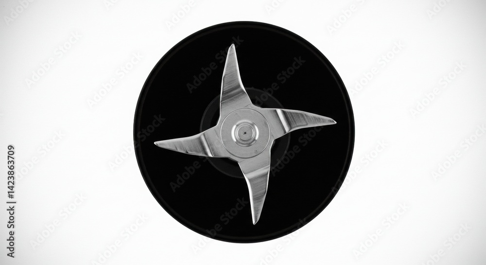 Fototapeta premium Four-Bladed Silver Cutter: Sharp Edges on Black, White Backdrop.