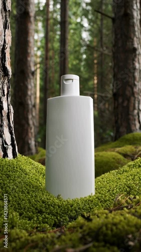 Solitude in the Forest: A White Skincare Bottle Amidst Mossy Ground and Tall Trees