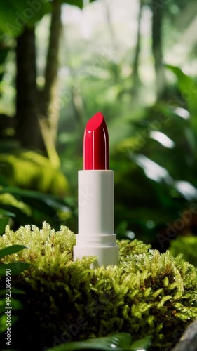 Vibrant Red Lipstick Amidst Lush Greenery and Dappled Sunlight in a Forest