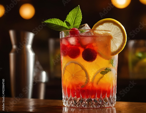 Refreshing summer drink in a bar, mojito cocktail, drink with ice, mint and lime