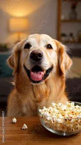 Adorable Golden Retriever Enjoying a Bowl of Popcorn in a Cozy Living Room