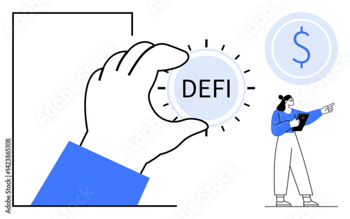Hand grasping DeFi coin with a woman pointing to a dollar symbol, implying decentralized finance. Ideal for blockchain, cryptocurrency, fintech, innovation, banking, investment, simple landing page