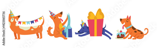Dog Puppy at Birthday Party Celebrate Holiday Vector Set