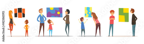 People at Art Gallery Look at Museum Exhibition Vector Set