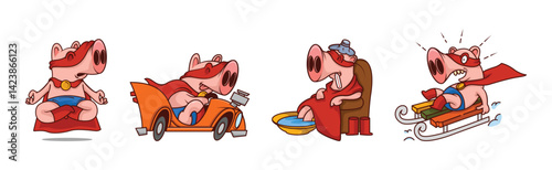 Funny Pink Pig Character in Red Cape Engaged in Different Activity Vector Set