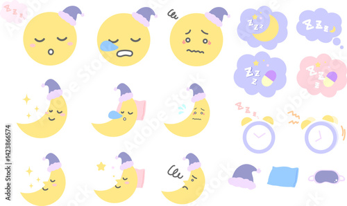 眠る月、睡眠のかわいいイラスト・アイコンセット