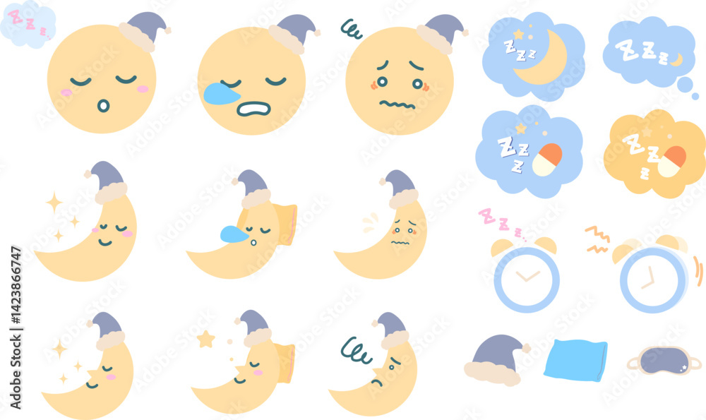眠る月、睡眠のかわいいイラスト・アイコンセット 眠る月、睡眠のかわいいイラスト・アイコンセット