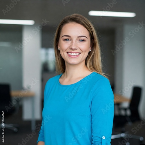 A smiling young woman with long, straight blonde hair, wearing a bright turquoise long-sleeve top Free Download A smiling young woman with long, straight blonde hair, wearing a bright turquoise long-sleeve top - GFXLoad