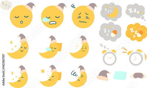 眠る月、睡眠のかわいいイラスト・アイコンセット