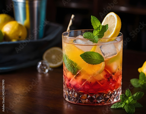 Refreshing fruit cocktail with lemon, ice and mint in a bar, soft drink