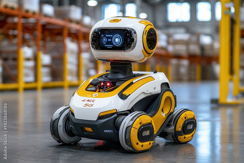 5g networks connectivity AI integration Innovative robot with advanced technology in a warehouse setting. 5g networks connectivity AI integration Innovative robot with advanced technology in a warehouse setting.