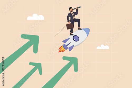 Businessman Riding Rocket to Success with Upward Growth Arrows and Telescope Vision Concept.