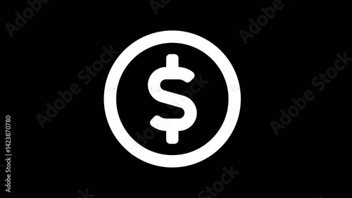 Icon usd circle is distorted. Glitch. Noise, chromatic aberration, geometric distortion. Transparent background, looped. In-Out looped. Alpha BW at the end