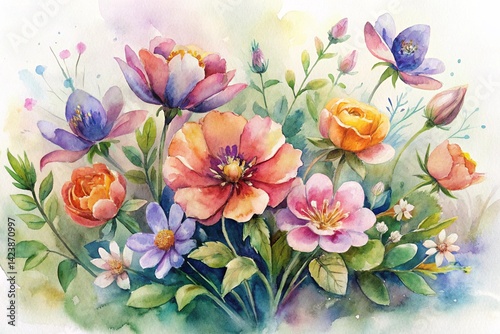 watercolor colorful wild flowers
