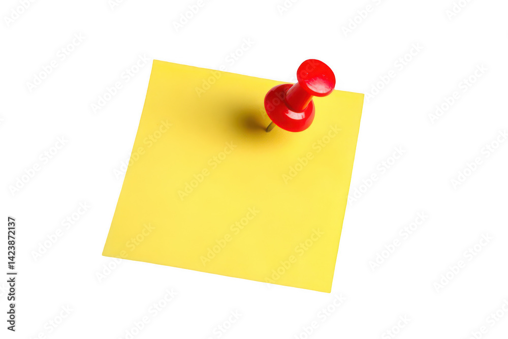 Sticker of a yellow sticky note with a red push pin, on a white background, png