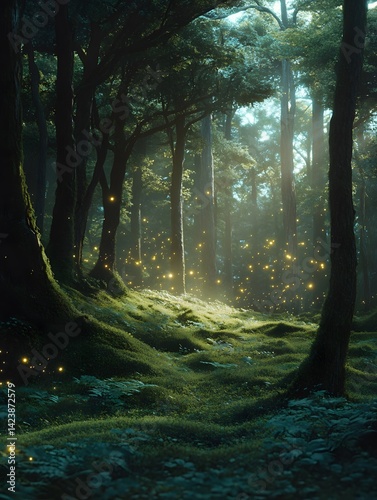 Enchanted Forest Glow: Serene Landscape of Bio-luminescent Trees in Mystical Nature
