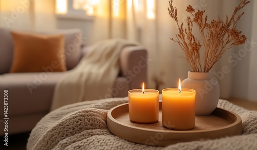 A cozy living room with autumn decor, featuring candles and warm blankets