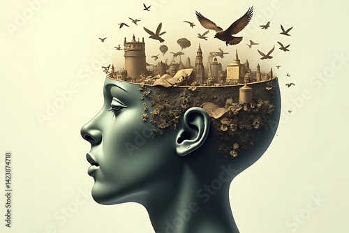Human mind exploration conceptual art imaginary landscape surreal environment side view creativity
