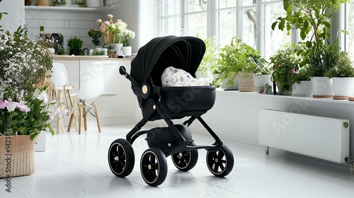 Sleek black baby stroller modern minimalist design infant carriage childcare product