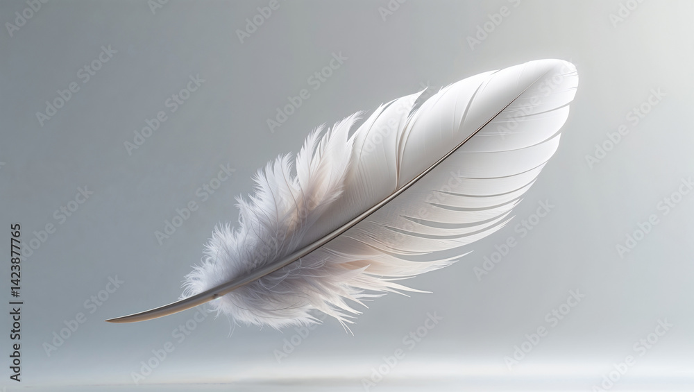 Obraz premium Delicate White Feather Floating Gracefully Against A Soft Grey Background
